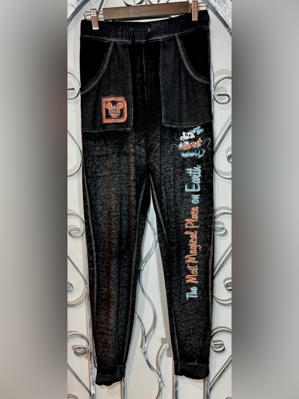 Disney Parks Minnie & Mickey Mouse Charcoal Distressed Joggers/PJ Pants #1685